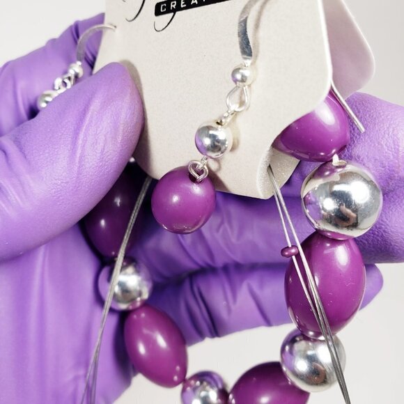 Chic Trio: Necklace, Earrings, Bracelet Silver Tone Purple & Beads Illusion set - Picture 6 of 8